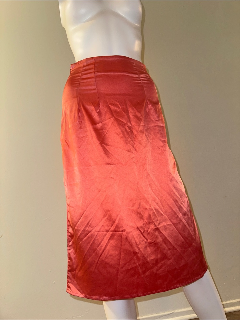 Satin Midi Skirt in Coral Red